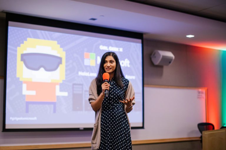 Microsoft Group Engineering Manager, Aratee Rao talks about her experiences at Microsoft Hardware Girl Geek Dinner after welcoming the audience.