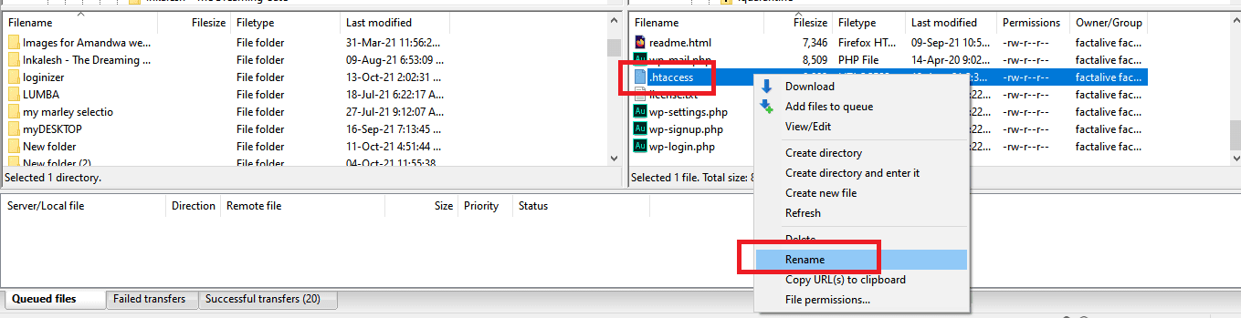 htaccess file FileZilla RENAME