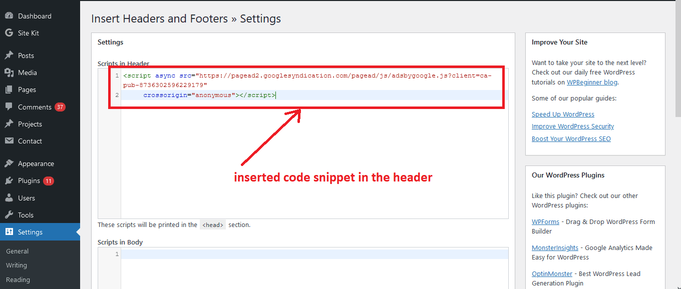 insert ad code in header region