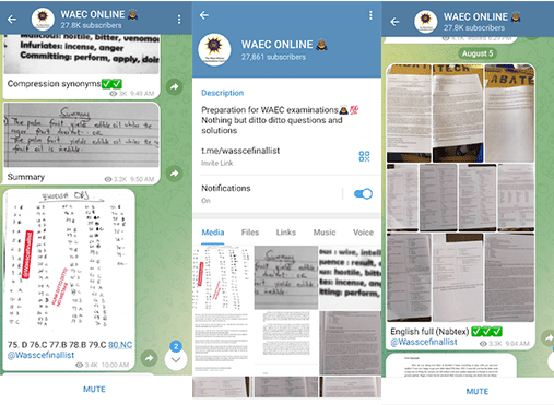 Examination malpractice messages on telegram and social media