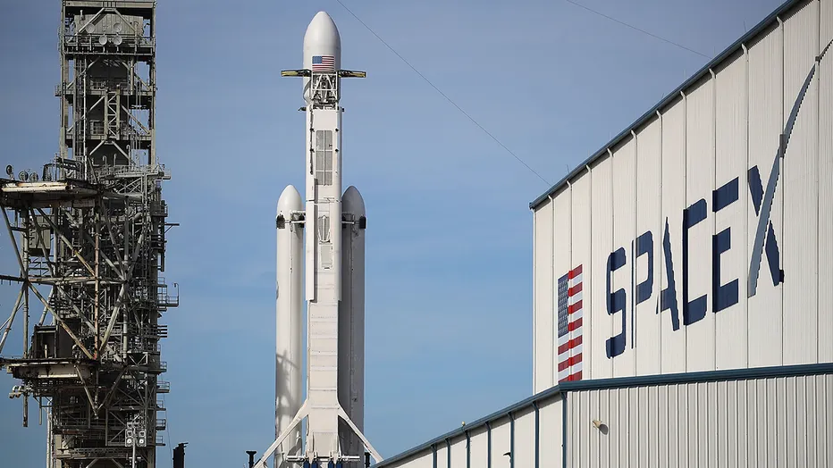 The SpaceX Falcon Heavy rocket sits on launch pad 39A at Kennedy Space Center