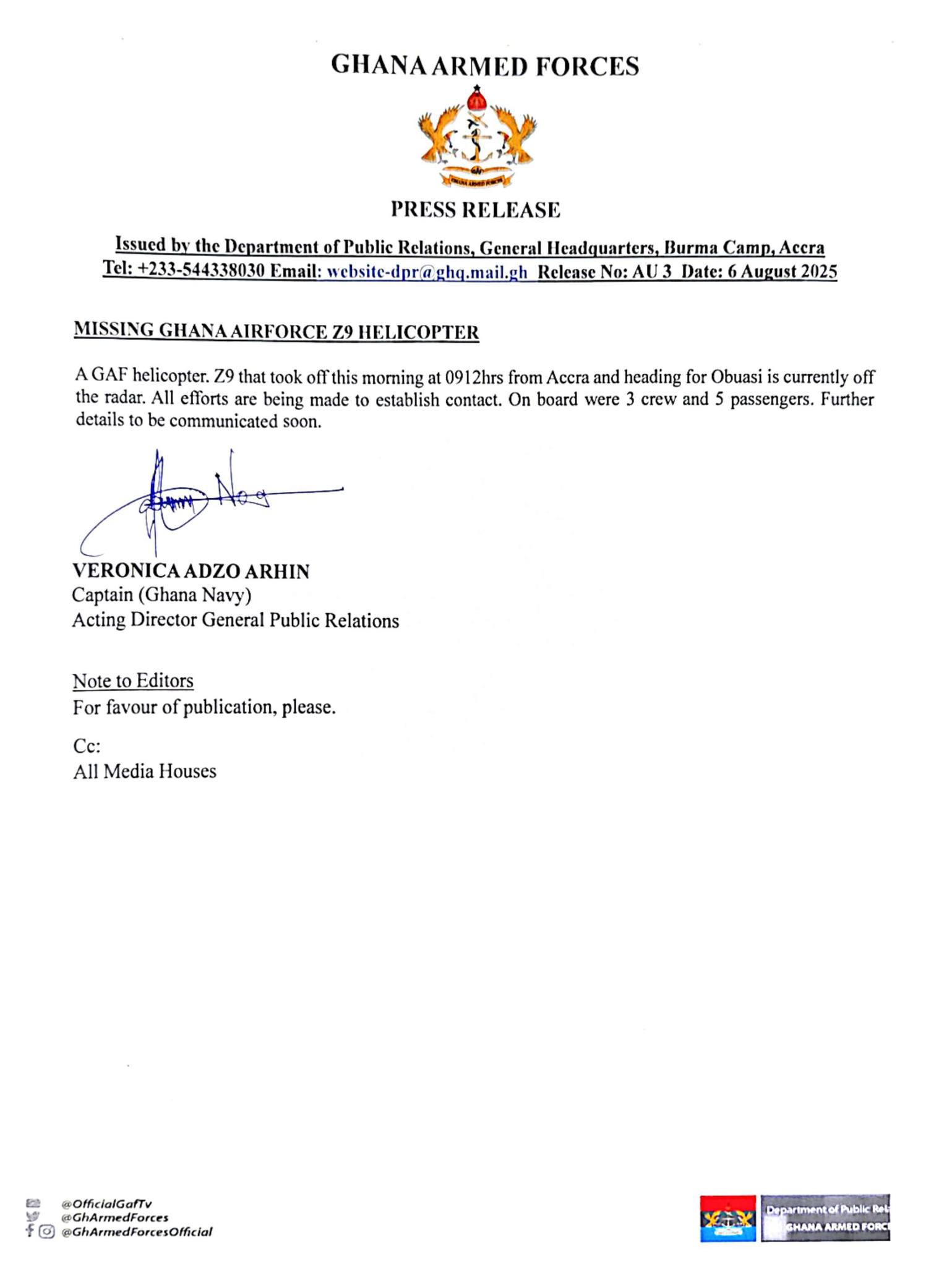 Ghana Armed Forces helicopter crashes near Obuasi Ghana Armed Forces helicopter crashes near Obuasi